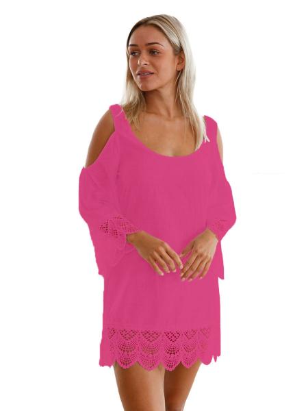 Rosy Cold Shoulder Scoop Neckline Long Sleeves Lacy Crochet Mini Length Beachwear
