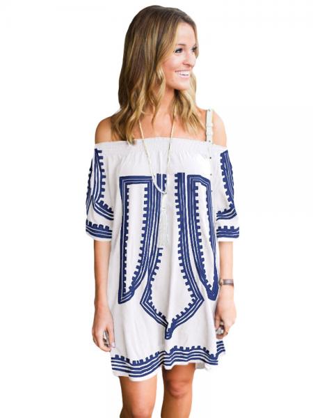 White Blue Bohemian Inspired Vibe Geometric Printed Off Shoulder Half Sleeves Beach Dress