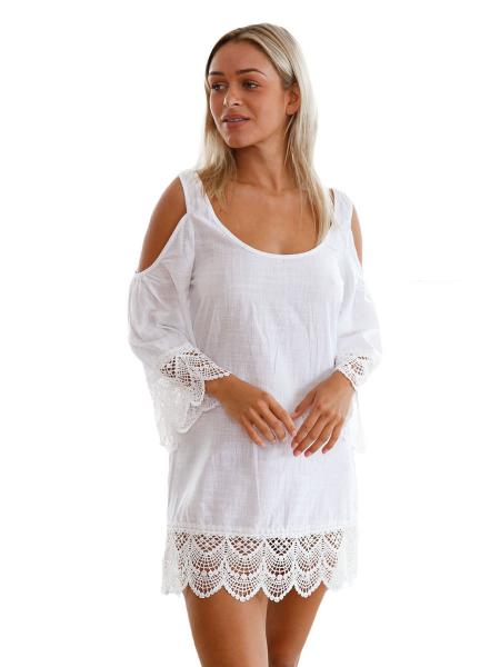 White Cold Shoulder Scoop Neckline Long Sleeves Lacy Crochet Mini Length Beachwear