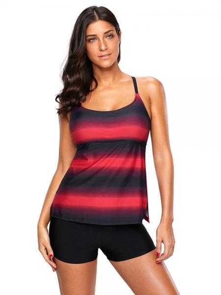 Red Black Color Block Strappy Hollow-out Back Removable Padding Tankini Set with Boyshort