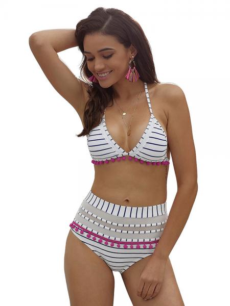 White Blue Halter-neck Padded Triangular and High Waisted Bikini Set with Bit of Flirty