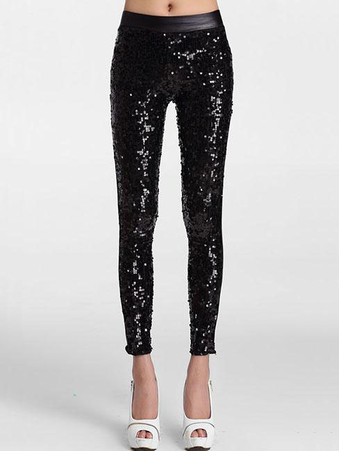 Slim Glittering Sporty Sparkly Front Black Sequin Leggings