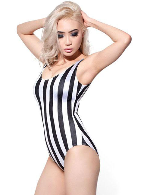 Stretchy Black White Stripes Teddy Retro One Piece Swimsuit