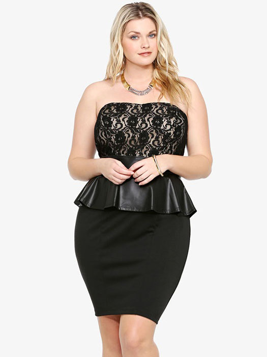 Black Strapless Sheer Floral Lace Top Leatherette Waistline and Peplum Mini Tube Dresses