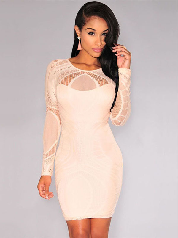 Sexy High Waist Nude Illusion Long Sleeved Lace Hollow Out Bodycon Mini Dress Apricot