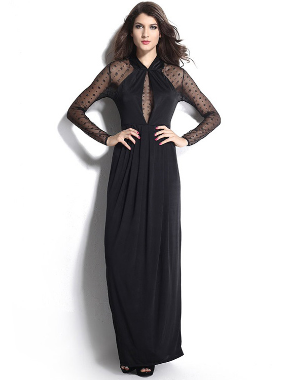 High Waisted Long Mesh Sleeves Slit Hemline Draped Straight Black Maxi Dress for Women