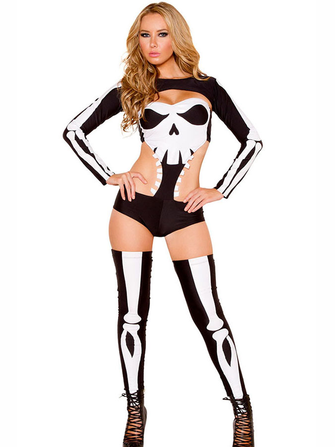Womens 3 PCS Black White Skeleton Printed Seductive Sexy Halloween Costume