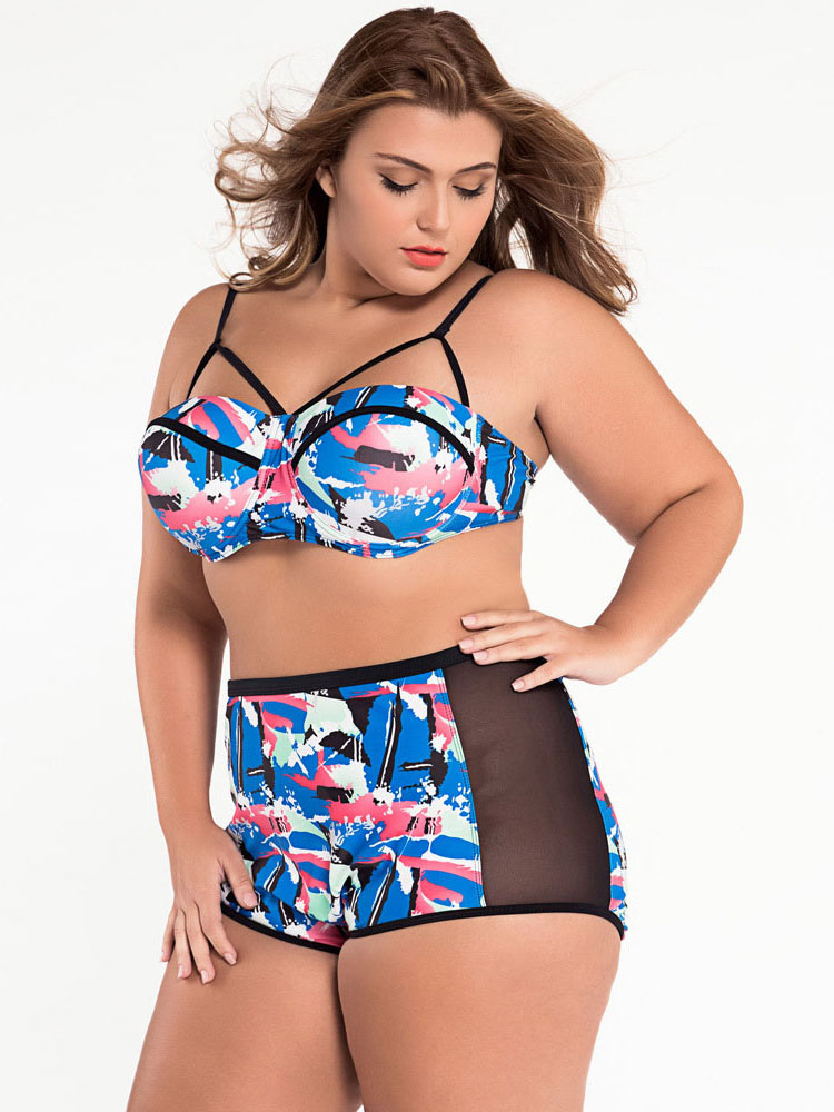 Abstract Print Padded & Underwired Mesh Insert High Waist Plus Size Bikini