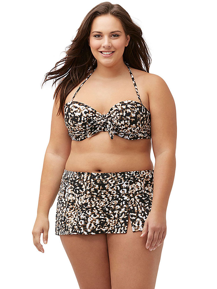 Leopard Printing Halter Bandeau Underwired & Padded Bikini Top with Skirt