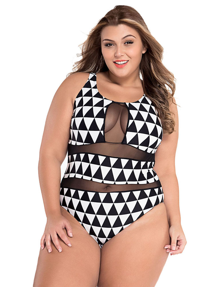 Scoopneck Trigon Printing Sexy Mesh Insert Panel One Piece Bathing Suit