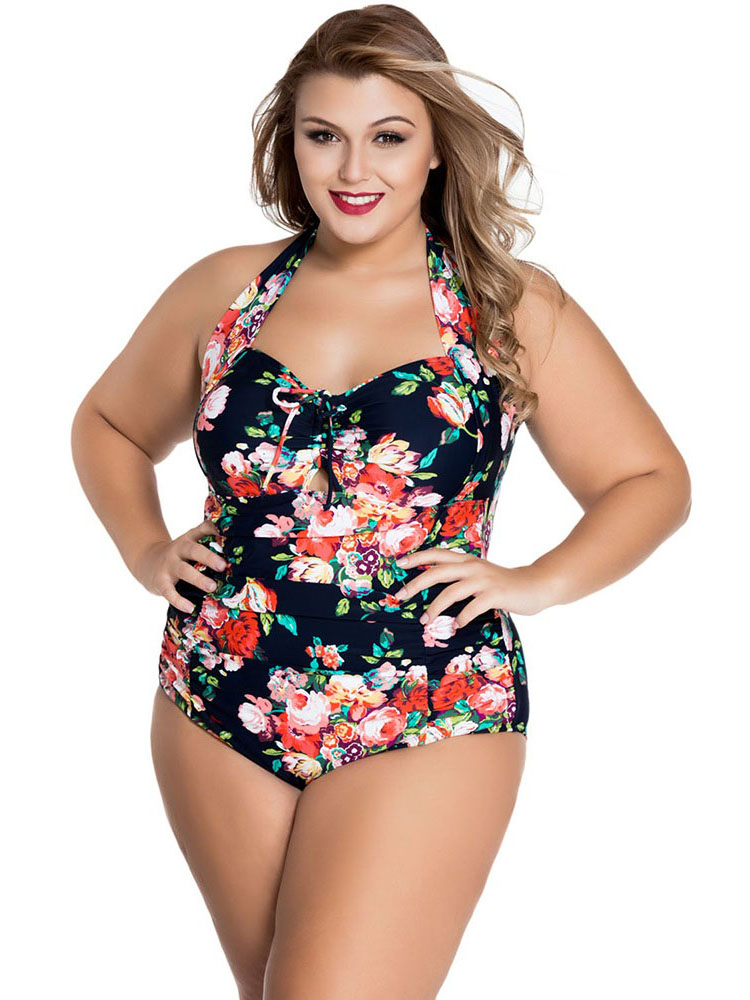 Sweetheart Neckline Keyhole & Ruched Front Halter Plus Size One Piece Swimsuit