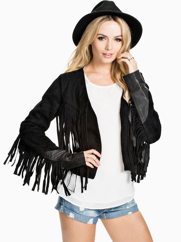 Chic PU Splicing Long Sleeves Short Women Faux Leather Jacket with Fringe