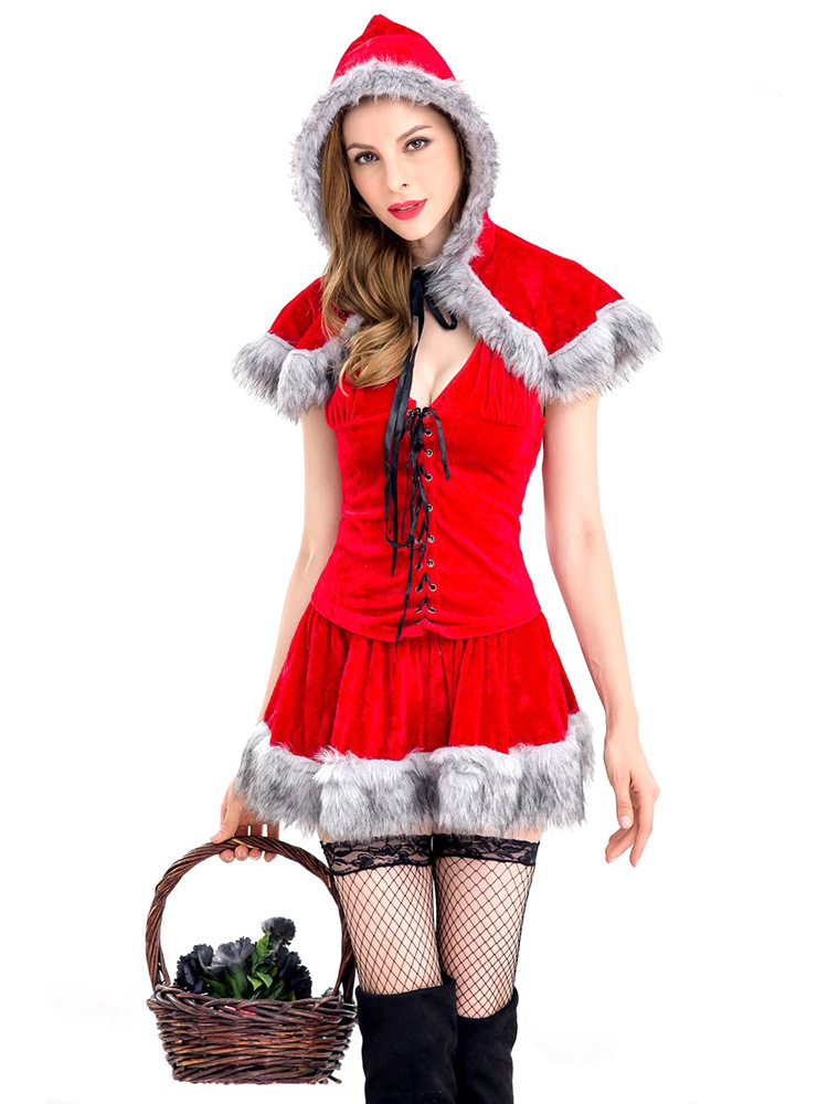 3 Pieces Sleeveless Red Riding Hood Fuzzy Womens Christmas Costumes