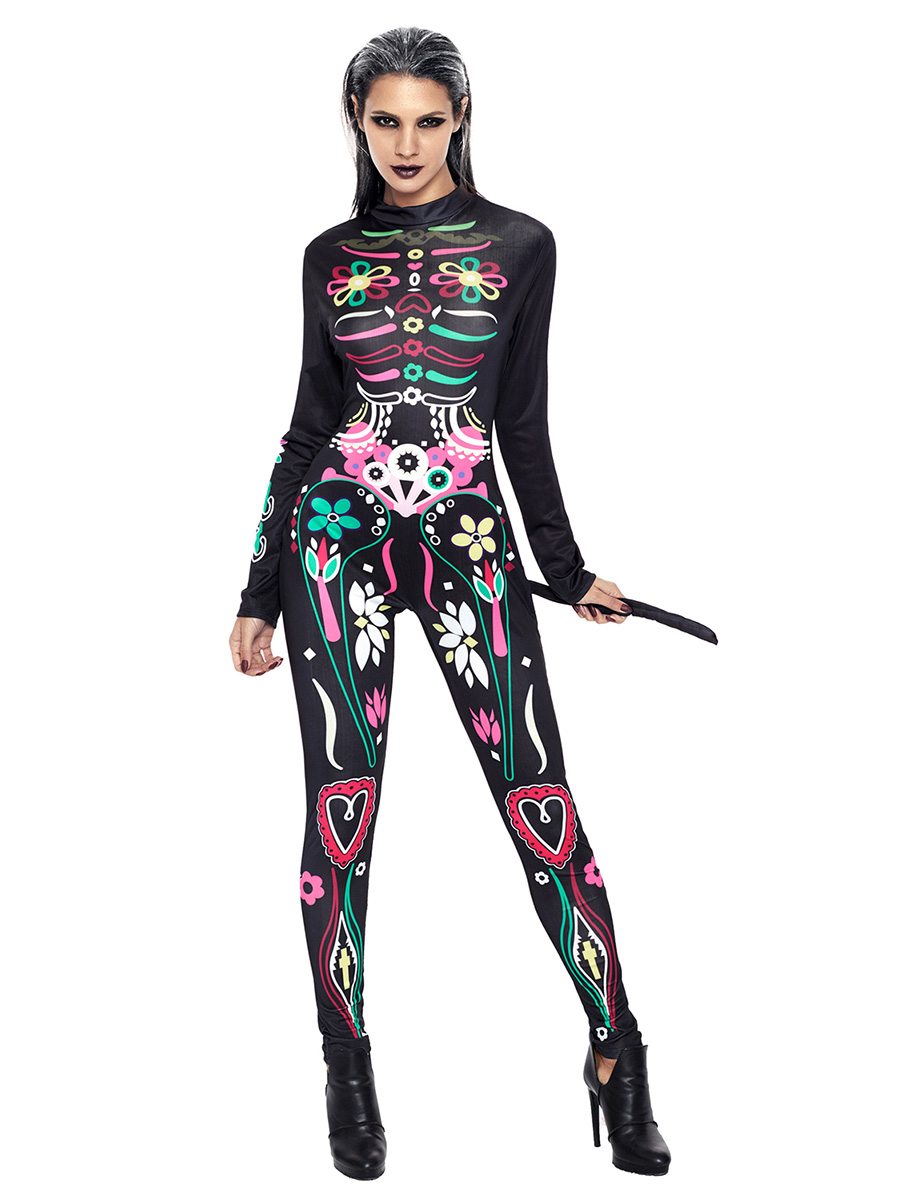 Long Sleeves Floral Sugar Skull Printing Adult Catwomen Party Costume