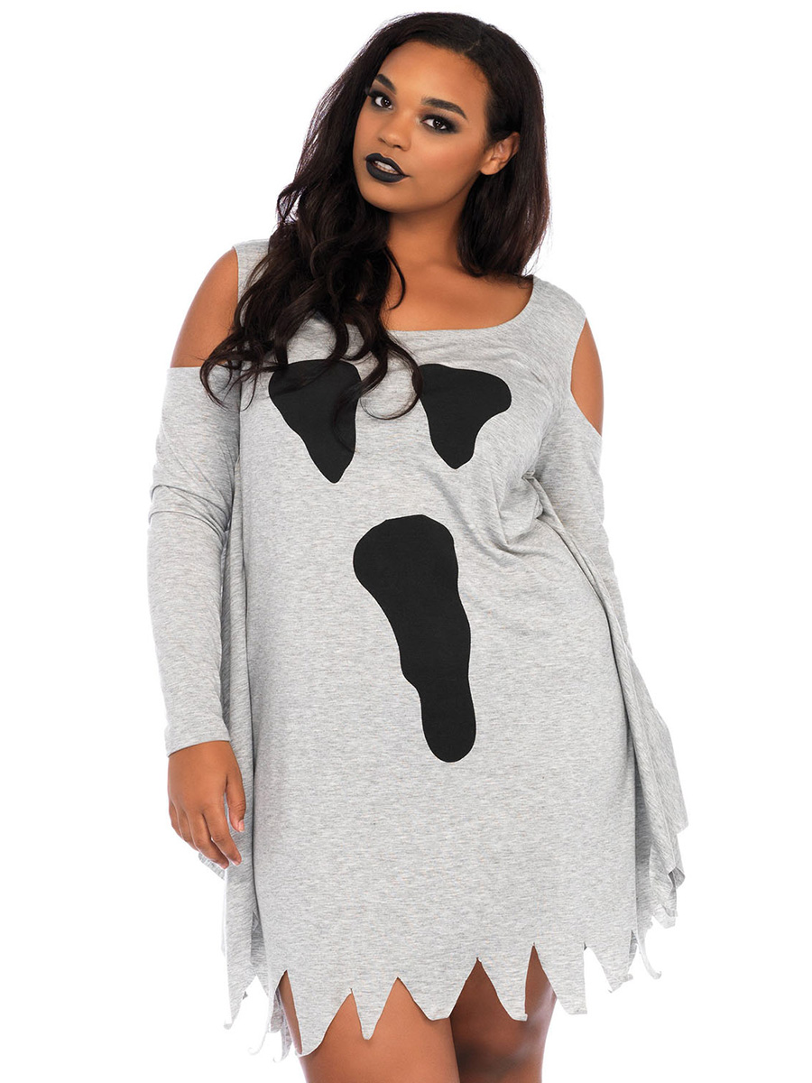 Plus-size Cold Shoulder Ghost Face Printing Sawtooth Trim Jersey T-shirt Cute Costume