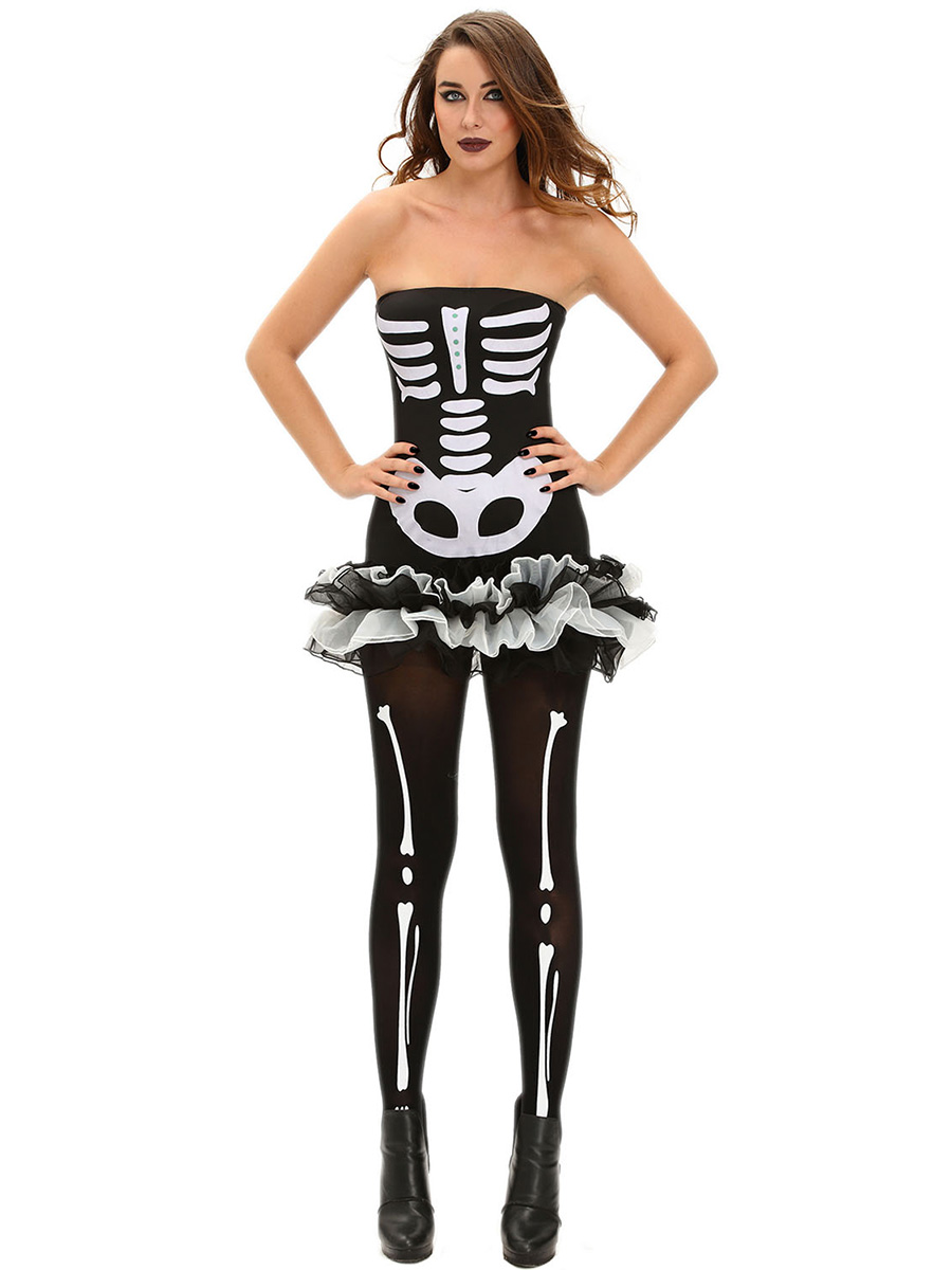 Strapless Skeleton Printed Lace Hem Halloween Costumes Tutu Mini Dress