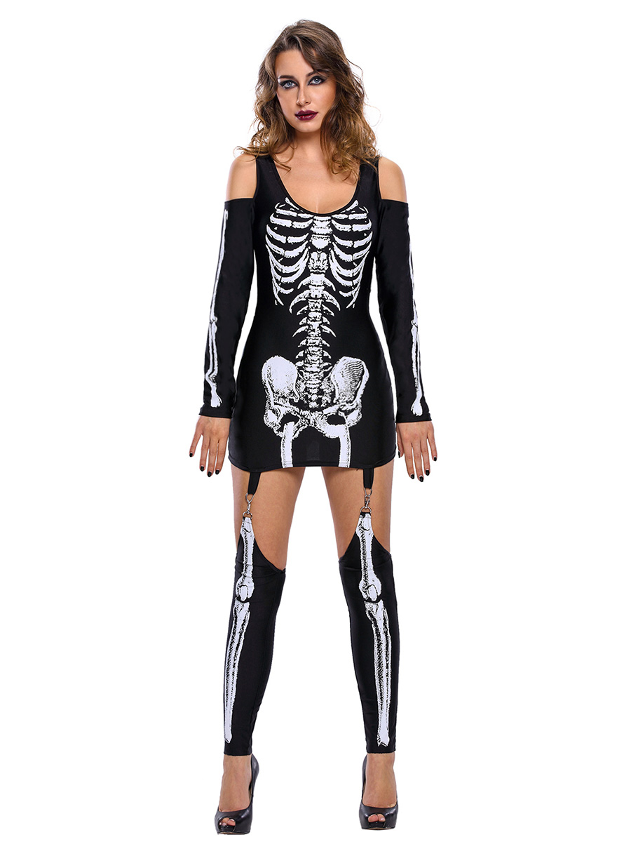 X-rayed Boney Cold Shoulder Long Sleeves Skeleton Halloween Dress Womens