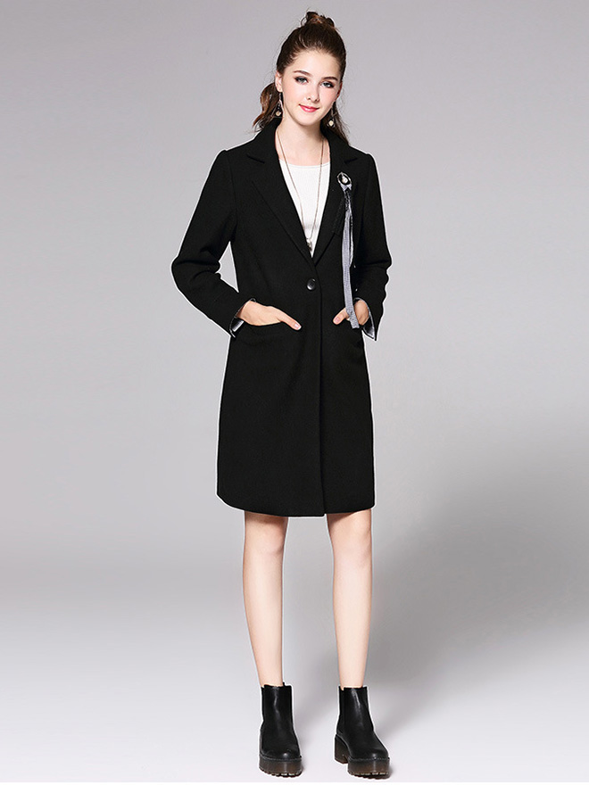 Long Sleeves Single Button Long Black Wool Coat for Women with Pockets