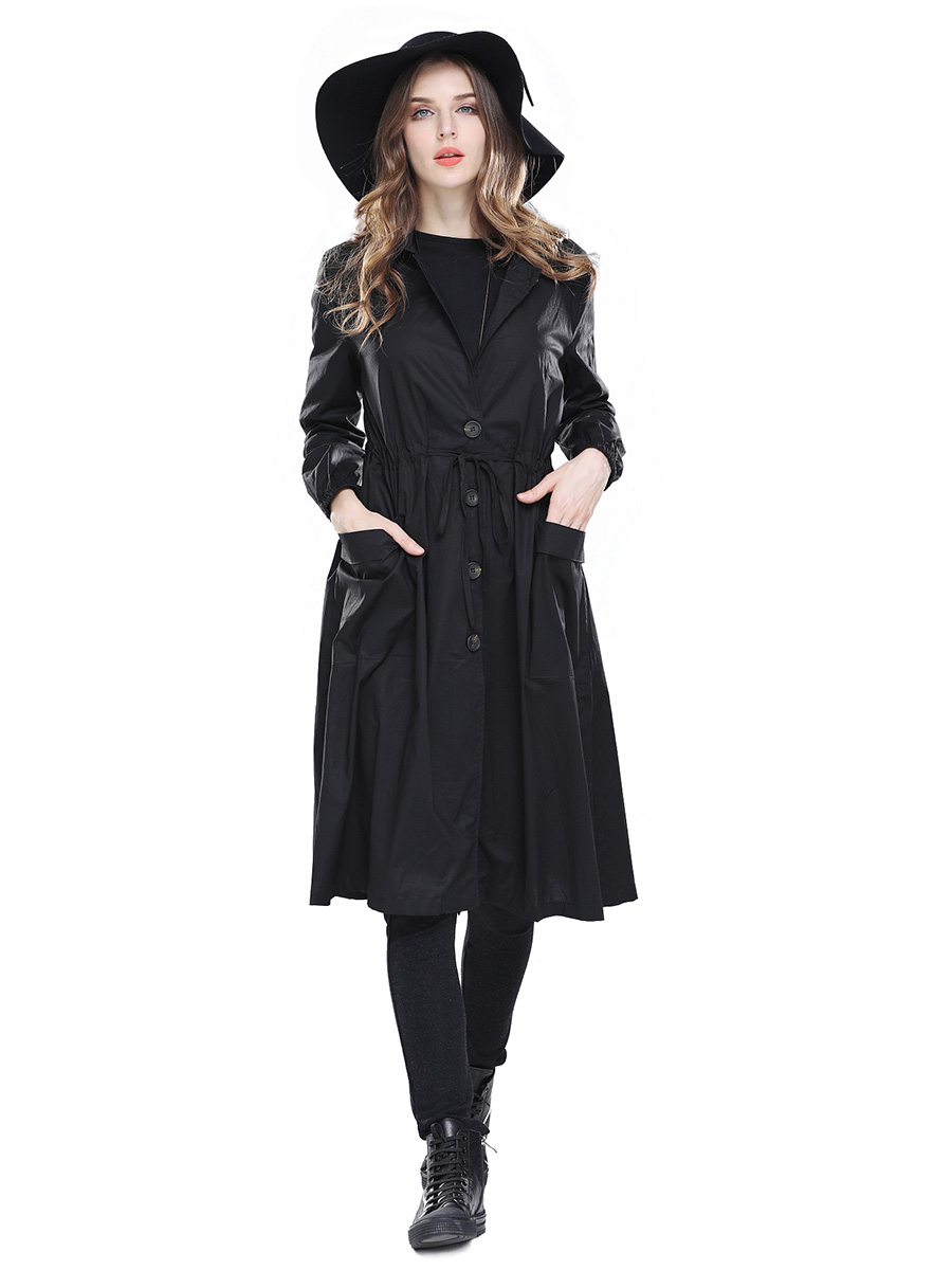 Single Breasted Long Sleeves Women Trench Coats with Drawstring & Pockets