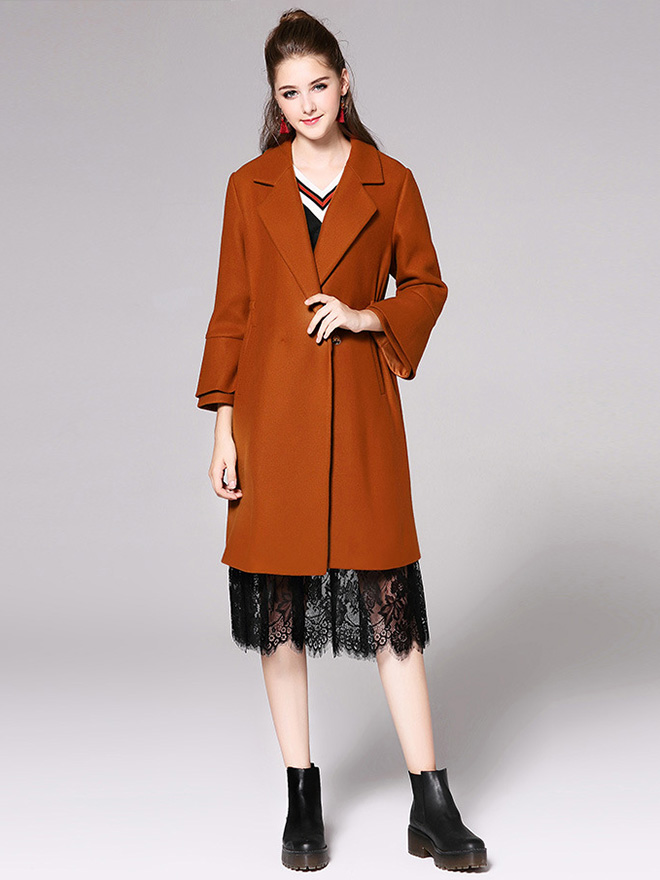 Single Button Layered Long Flare Sleeves Thick Womens Long Wool Coats