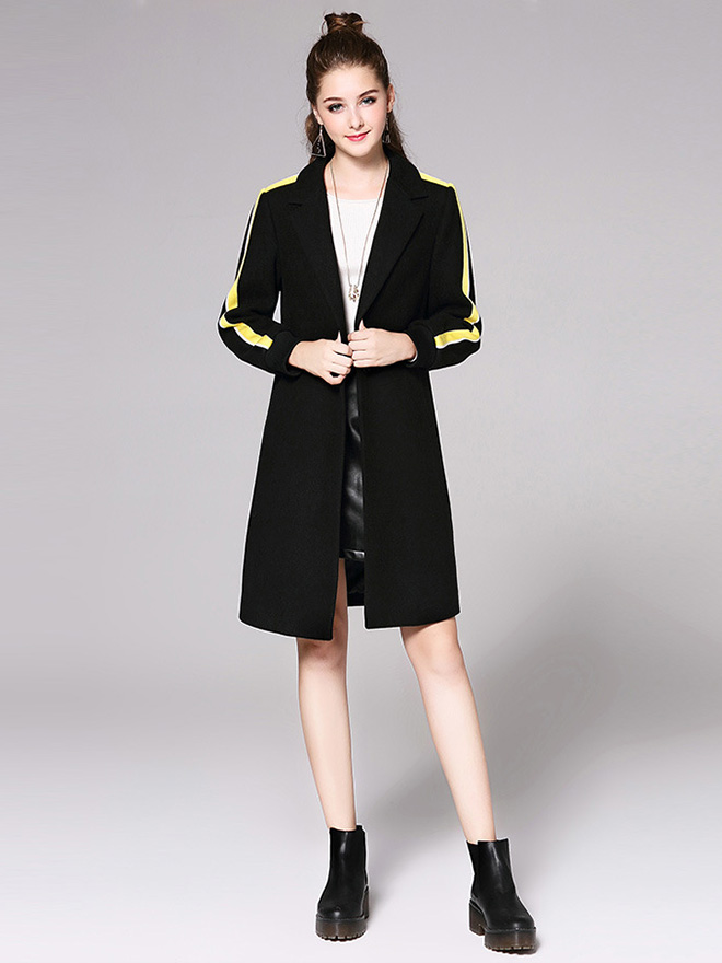 Single Button Striped Long Sleeve Rib-knit Cuffs Womens Long Wool Coat