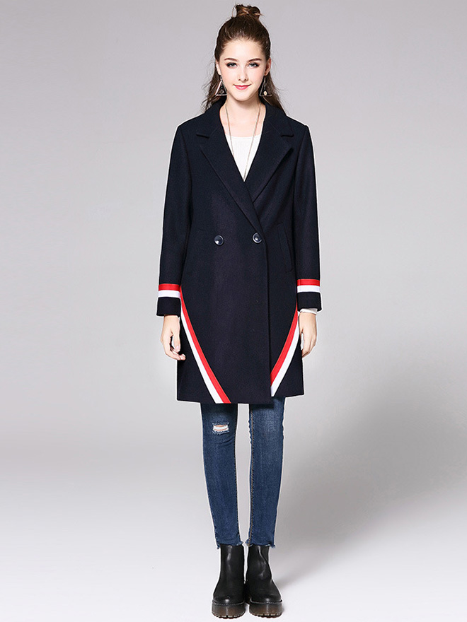 Two Buttons Double Breasted Long Sleeve Womens Striped Long Wool Coats