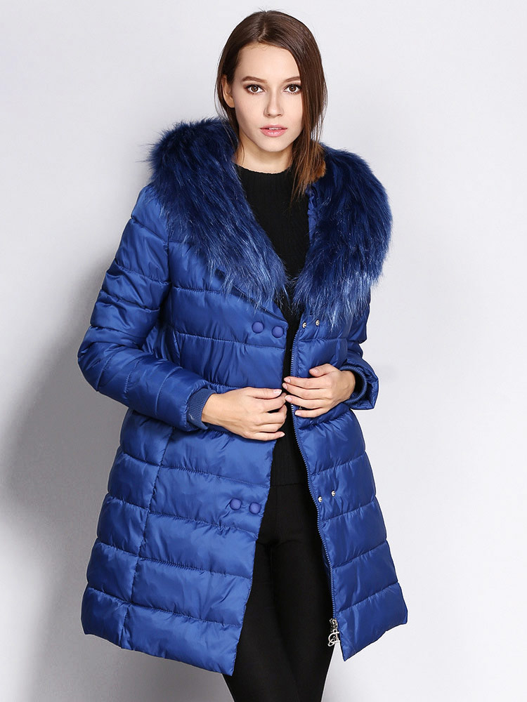 Double Zipper & Press Studs Faux Fur Collar Padded Womens Parka Jacket