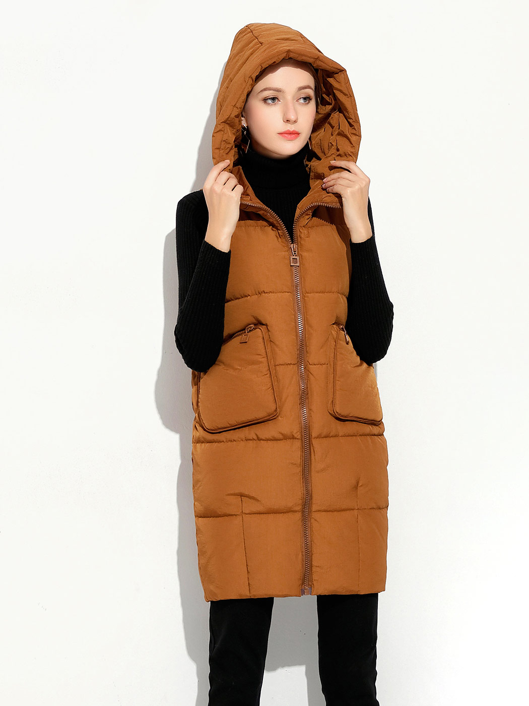 Loose Fit Hooded Zipper Thick Warm Puffer Long Waistcoat for Women