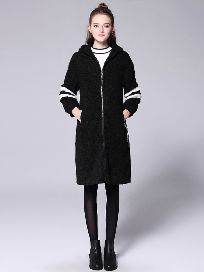 Loose Fit Zipper Long Sleeves Striped Long Hooded Outerwear for Women