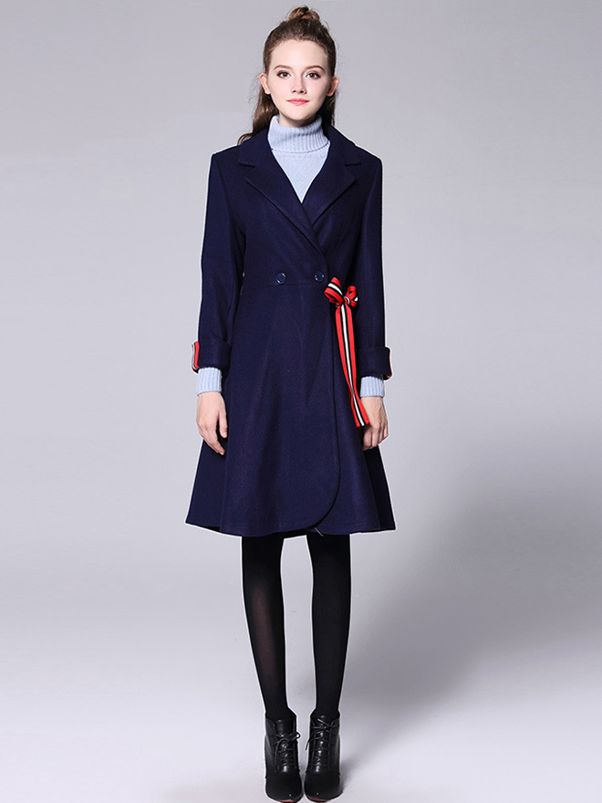 Morden Double Breated Long Sleeves Lined Women Long Dressy Wool Coat