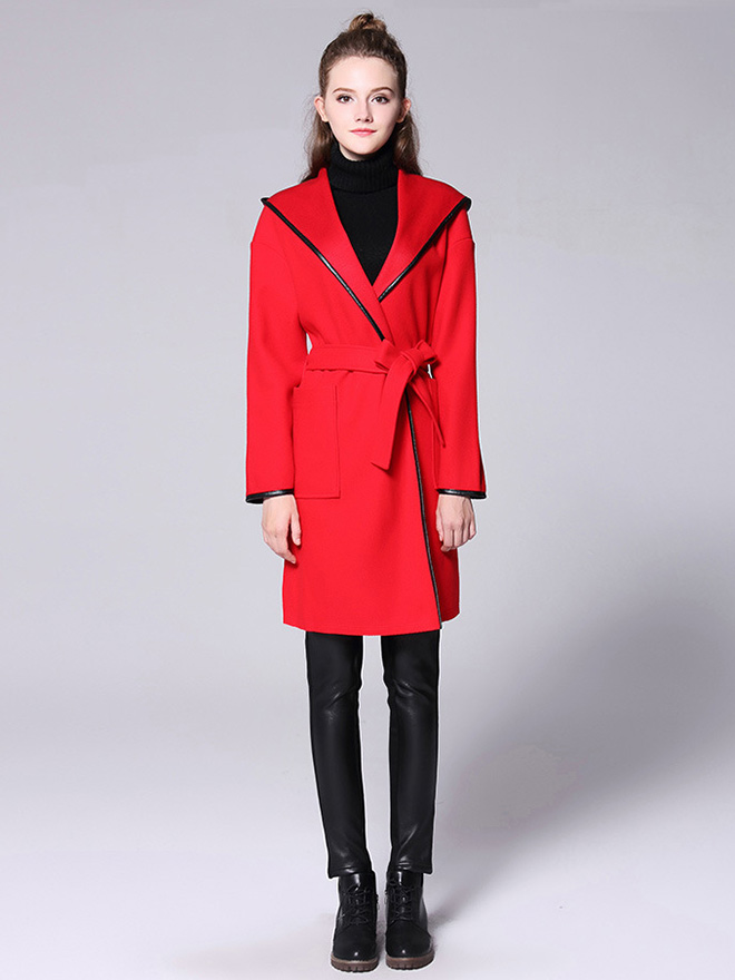 Open Front Long Sleeves Hooded Women Long Wrap Coat with Patch Pockets