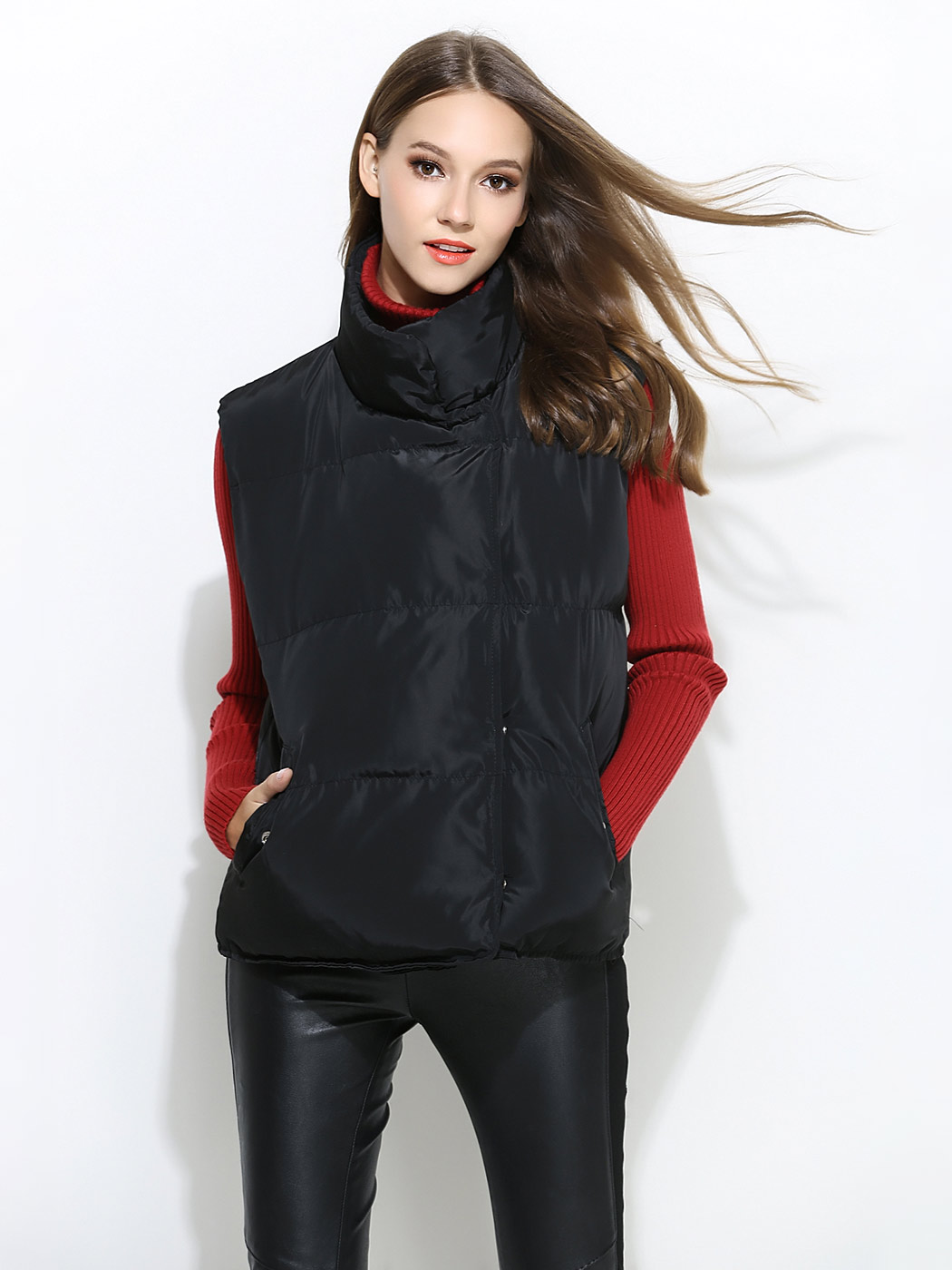 Press Studs Closure Loose Fit Thick Puffer Warm Women Outerwear Vests