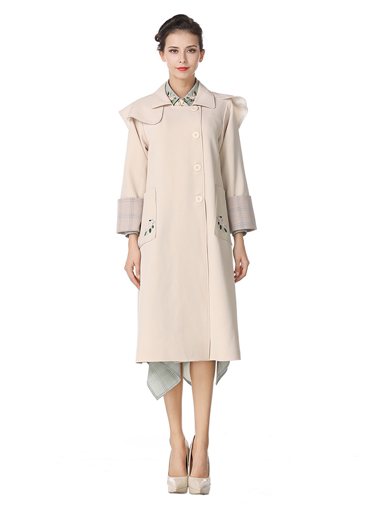 Single-breasted Embroidery Layered Long Spring Trench Coat for Women