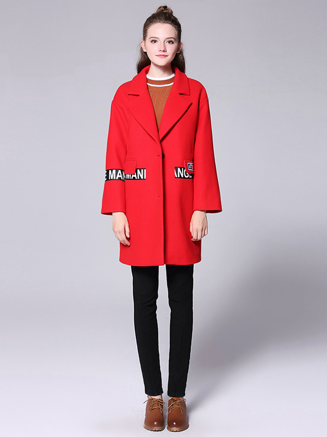 Single-breasted Long Sleeves Letter Printing Thick Wool Coat for Women