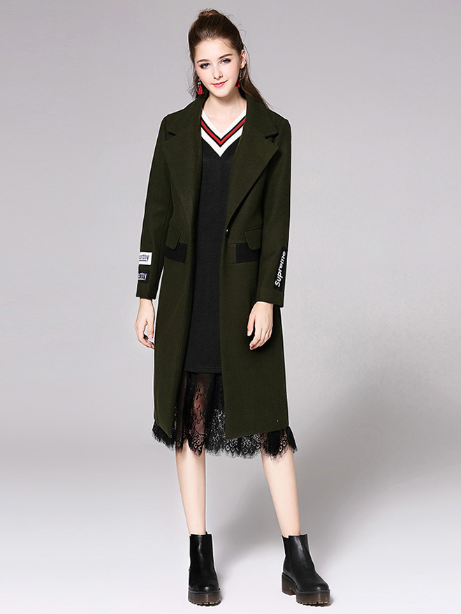 Single Button Long Sleeves Letter Printed Lined Womens Long Wool Coat