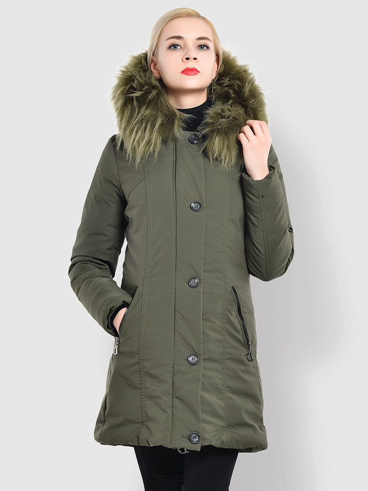 Slim Fit Faux Fur Hooded Zipper & Buttons Thick Ladies Winter Parkas