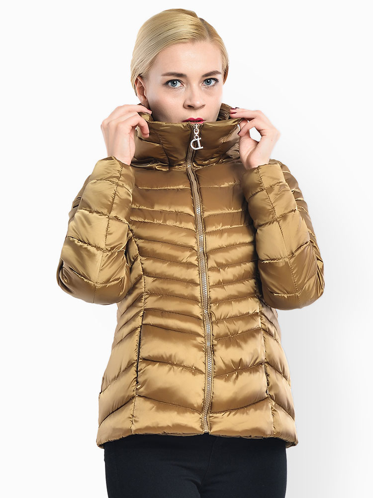 Stand Collar Zipper Closure Padded Petit Slim Lightweight Parka Women