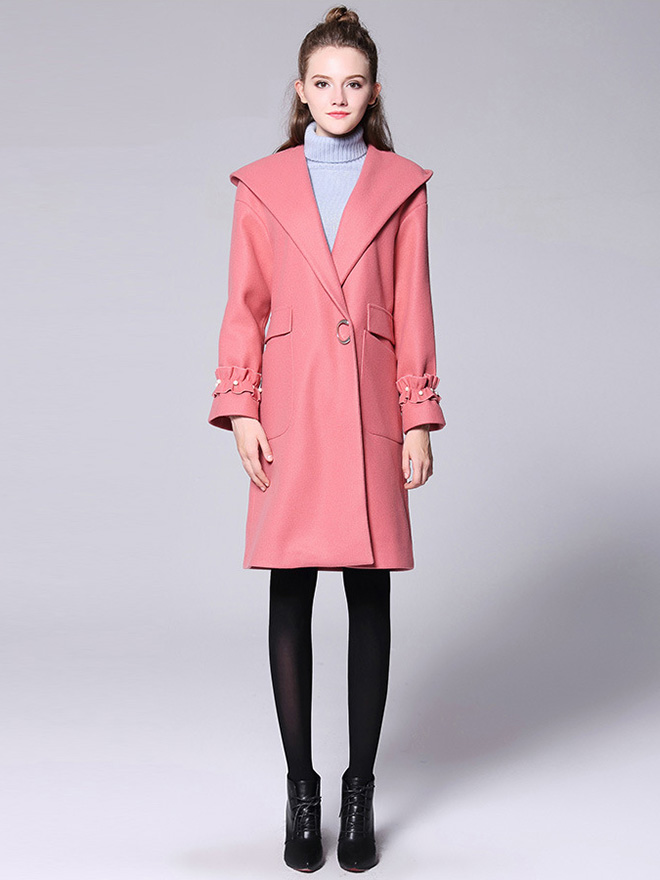 Stylish Single Press Studs Long Sleeves Hooded Long Wool Coat Womens