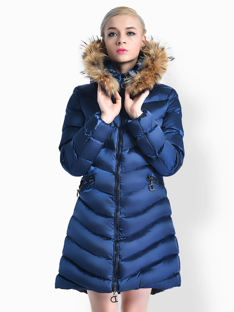 Two Way Zipper Thick Long Parka Coat with Raccoon Fur Hood for Women