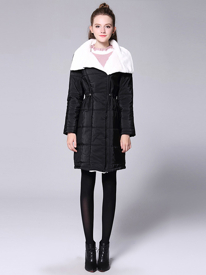 Zipper Long Sleeves Faux Fur Splicing Quilted Thick Long Women Parka Coat