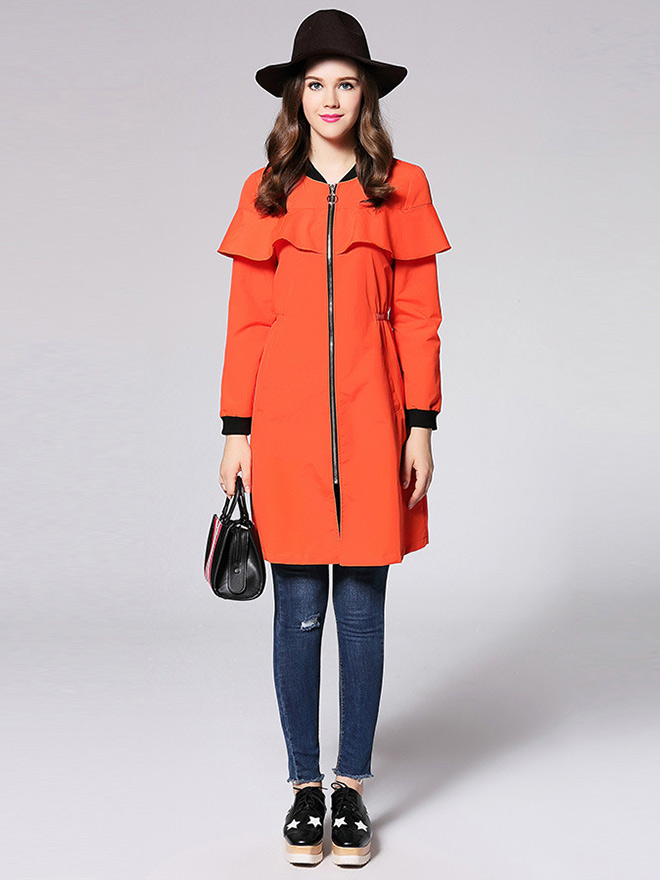 Zipper Long Sleeves Ruffles Layered Slim Long Trench Coat for Women