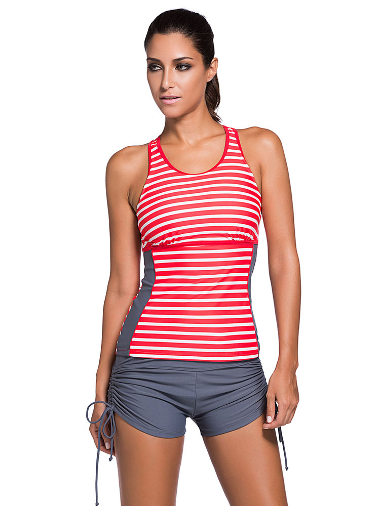 Sporty Racerback Printed and Bra Padding Cutout Ruched Tankini with Boy Shorts