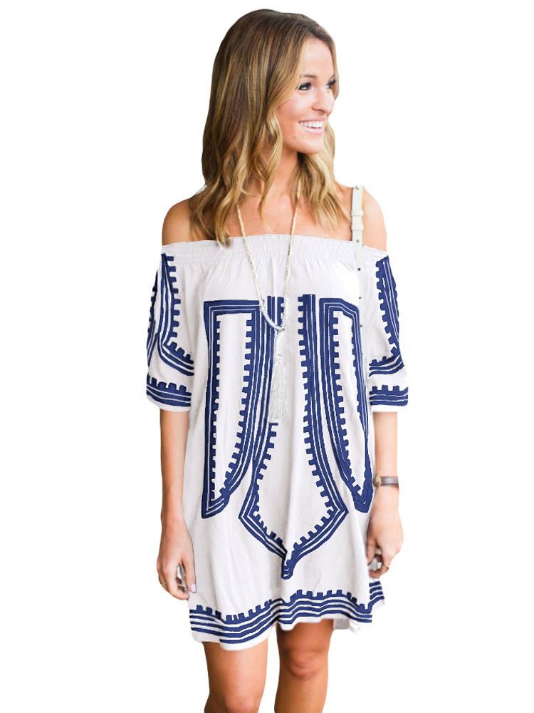 Bohemian Inspired Vibe Geometric Printed Off Shoulder Half Sleeves Beach Dress