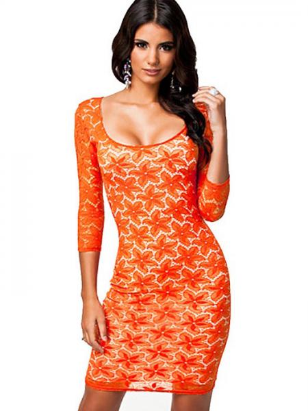 Vilanya High-waist Three Quarter Sleeved Floral Lace Overlay Zipper Back Orange Mini Dress