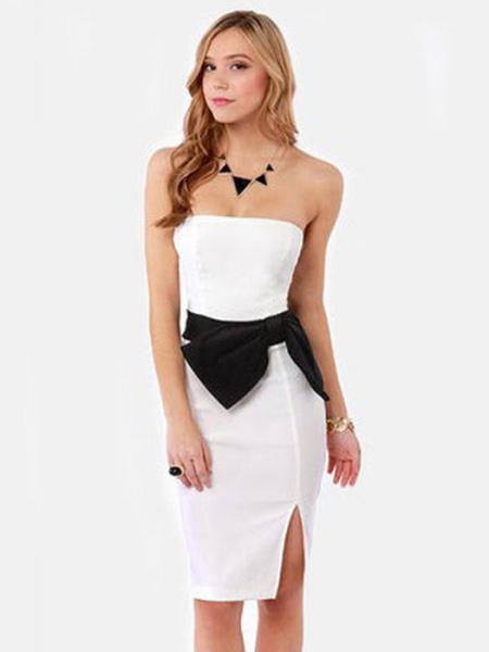 High Waisted Sleeveless Bow Appliques Stunning Side Up Strapless Summer Midi Dresses