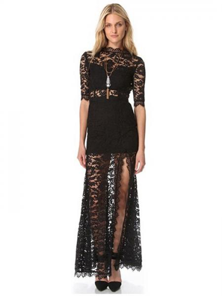 Black Half Sleeved High Waist Plunging Back High-cut Slit Lined Lace Boutique Maxi Dresses