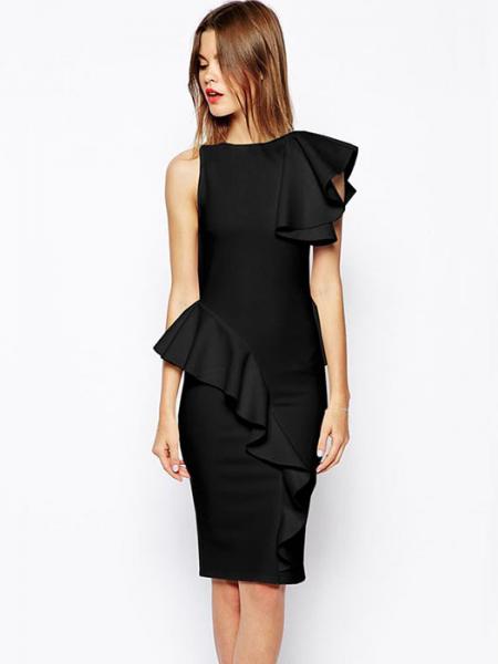 Black One Ruffled Shoulder High Waisted Sleeveless Irregular Ruffles Waist Peplum Midi Dresses