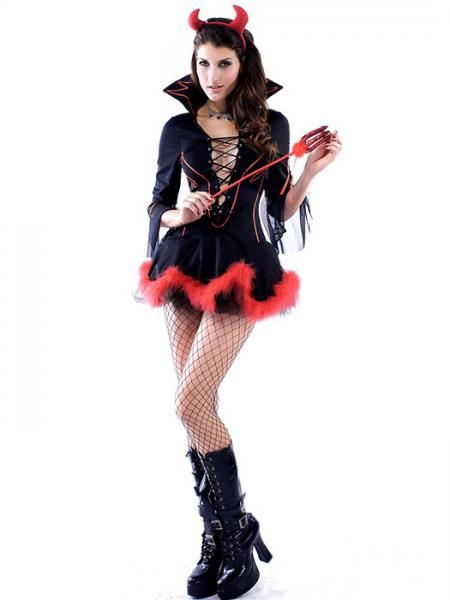 Vilanya 3pcs Marabou Trim Half Sleeved Lacing Front Miss Iblis Adult Female Halloween Costumes