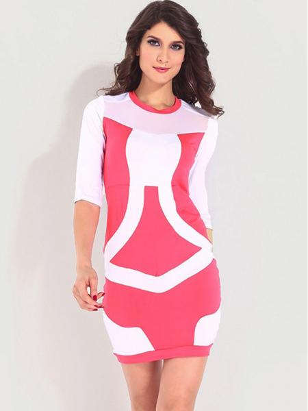 Patchwork Half Sleeve Hollow Out Mesh Chest Accent Bodycon Mini Dresses Cheap on Sale