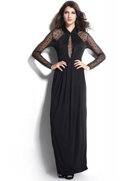 High Waisted Long Mesh Sleeves Slit Hemline Draped Straight Black Maxi Dress for Women